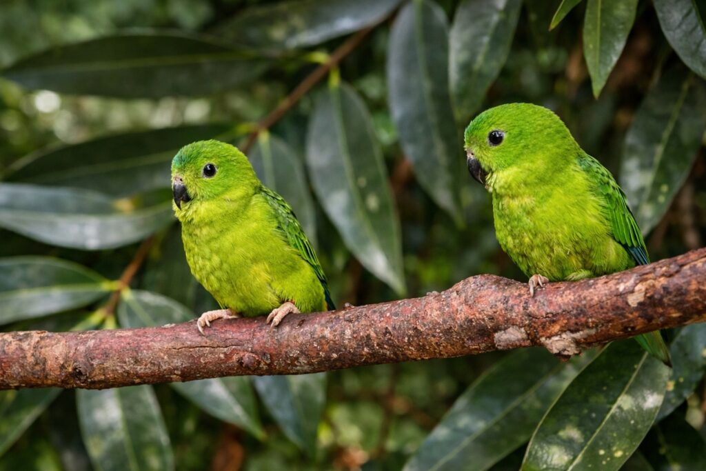 Jeunes Coryllis à tête bleue au Naturopace, jardin des oiseaux au cœur d'une serre tropicale